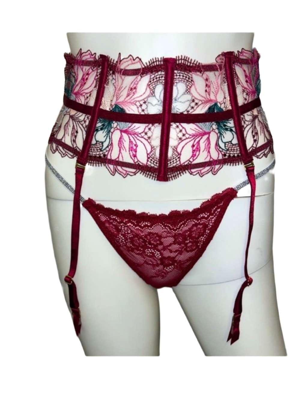 Floral Lace Burgundy Garter Belt & Thong Set